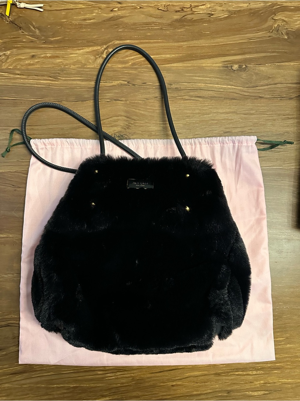Kate Spade Black Faux-Fur Medium Tote Bag with Leather Straps